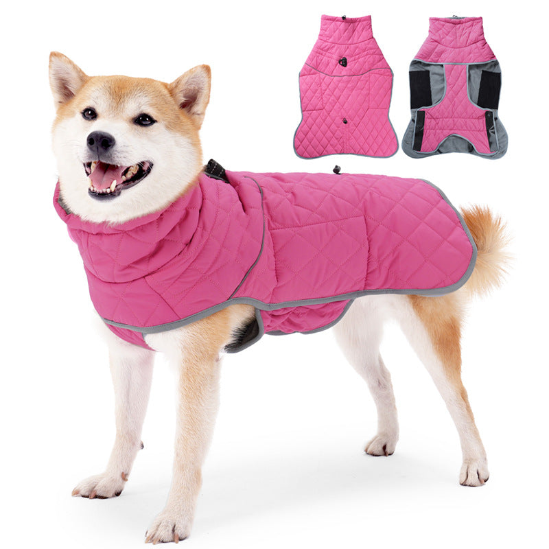 Waterproof padded winter coat for large dogs in Navy Blue, showing size and shape