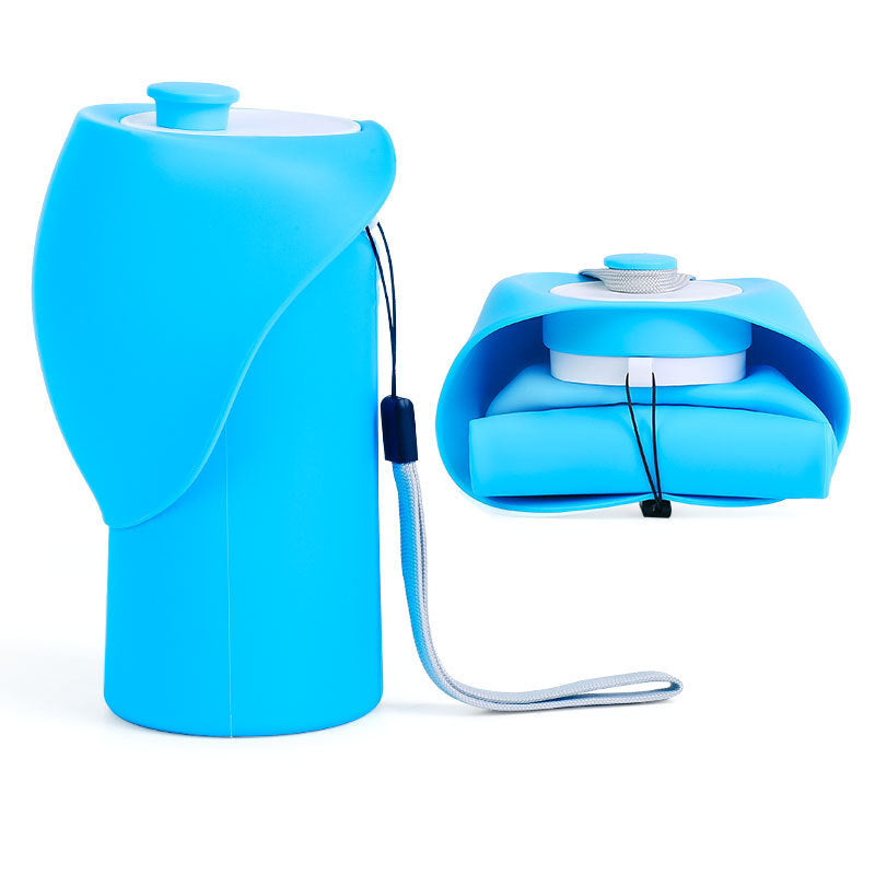 Foldable pet water bottle with squeeze dispensing in Yellow, showing size and shape
