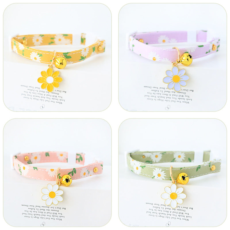 Floral cat collar with bell and safety buckle in Green, front view