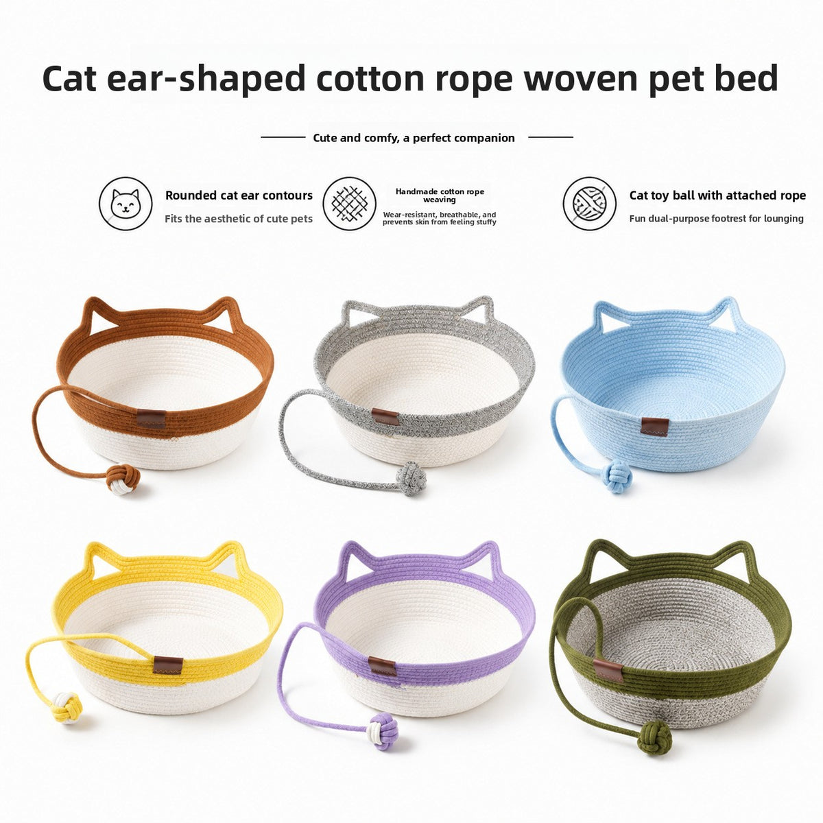 Woven rattan cat bed with cat ears and toy ball, view 4