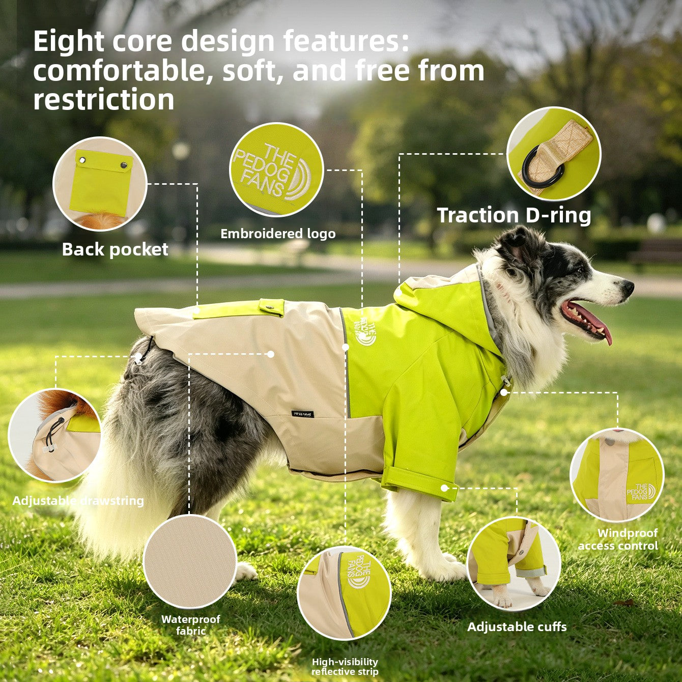 Hooded windproof waterproof dog jackets in lime oatmeal and grey blue