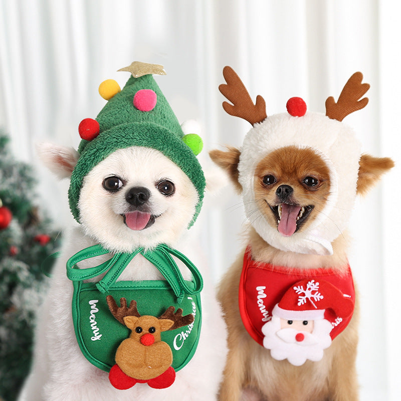 Christmas pet hat and bib for dogs and cats in Red Santa Bib, close-up detail
