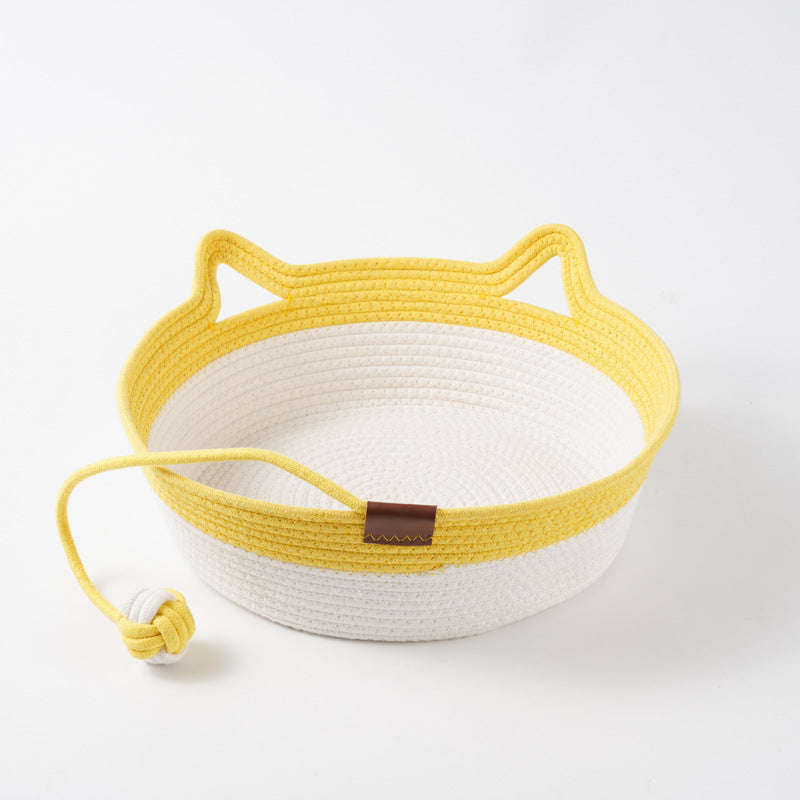 Woven rattan cat bed with cat ears and toy ball, view 75