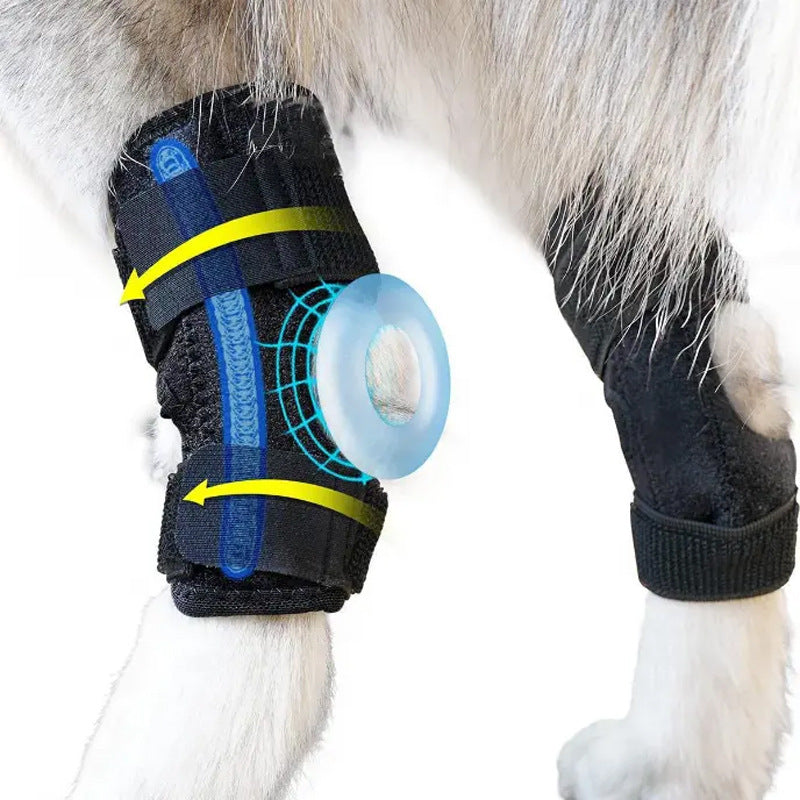 Protective black nylon dog knee sleeve for licking prevention, in use with a pet