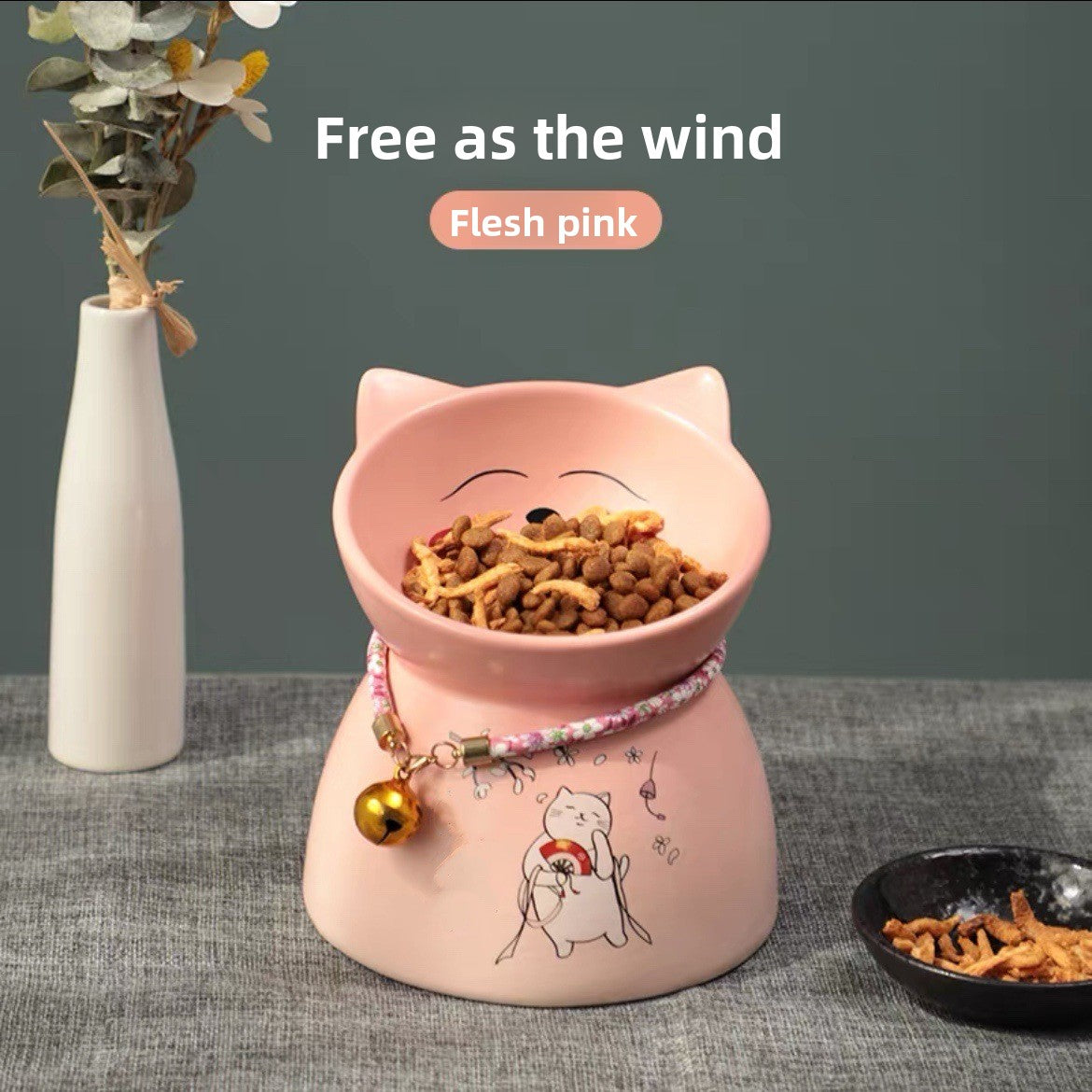 Elevated Ceramic Cat Feeding Bowl with Slanted Mouth and Matching Necklace