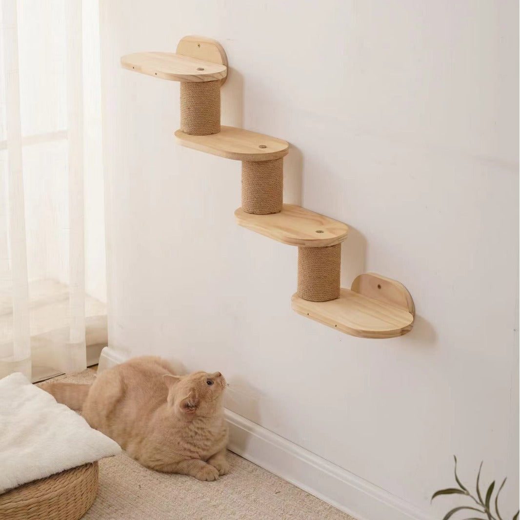 Natural wood cat wall unit with scratching post