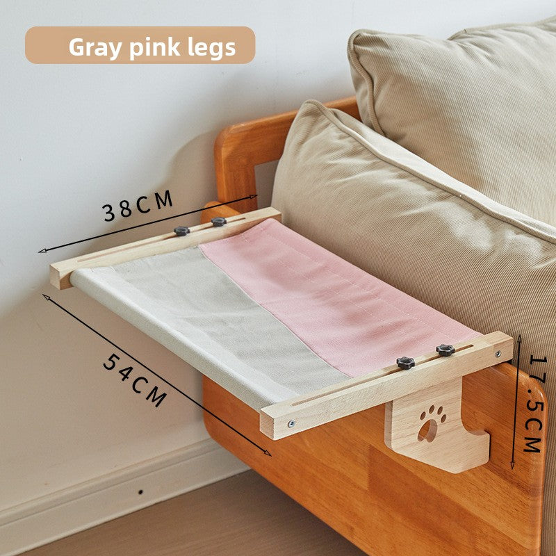 Grey and pink double cat hammock with wooden frame