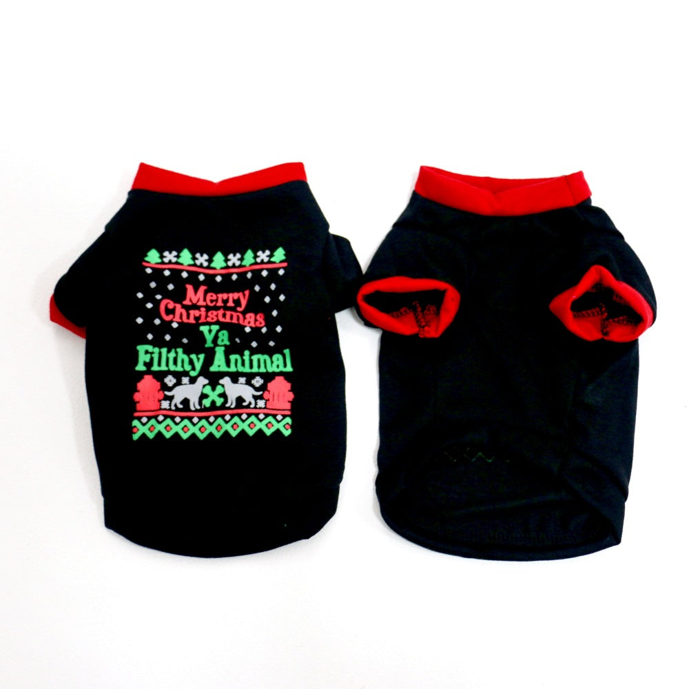 Christmas dog T-shirt in light polyester in Red Christmas Belt, in use with a pet