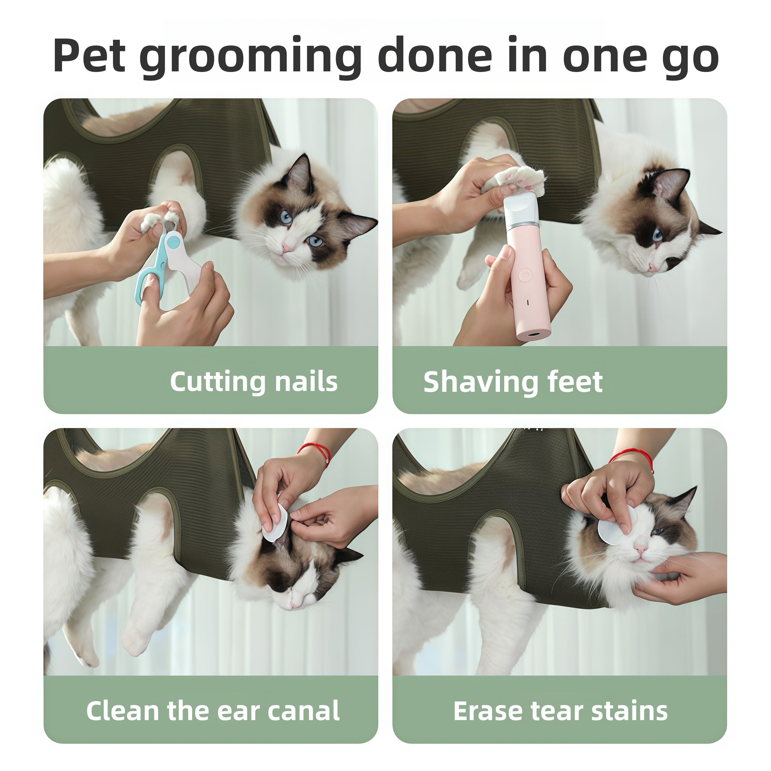 Cat grooming bag with leg openings shown in blue and black
