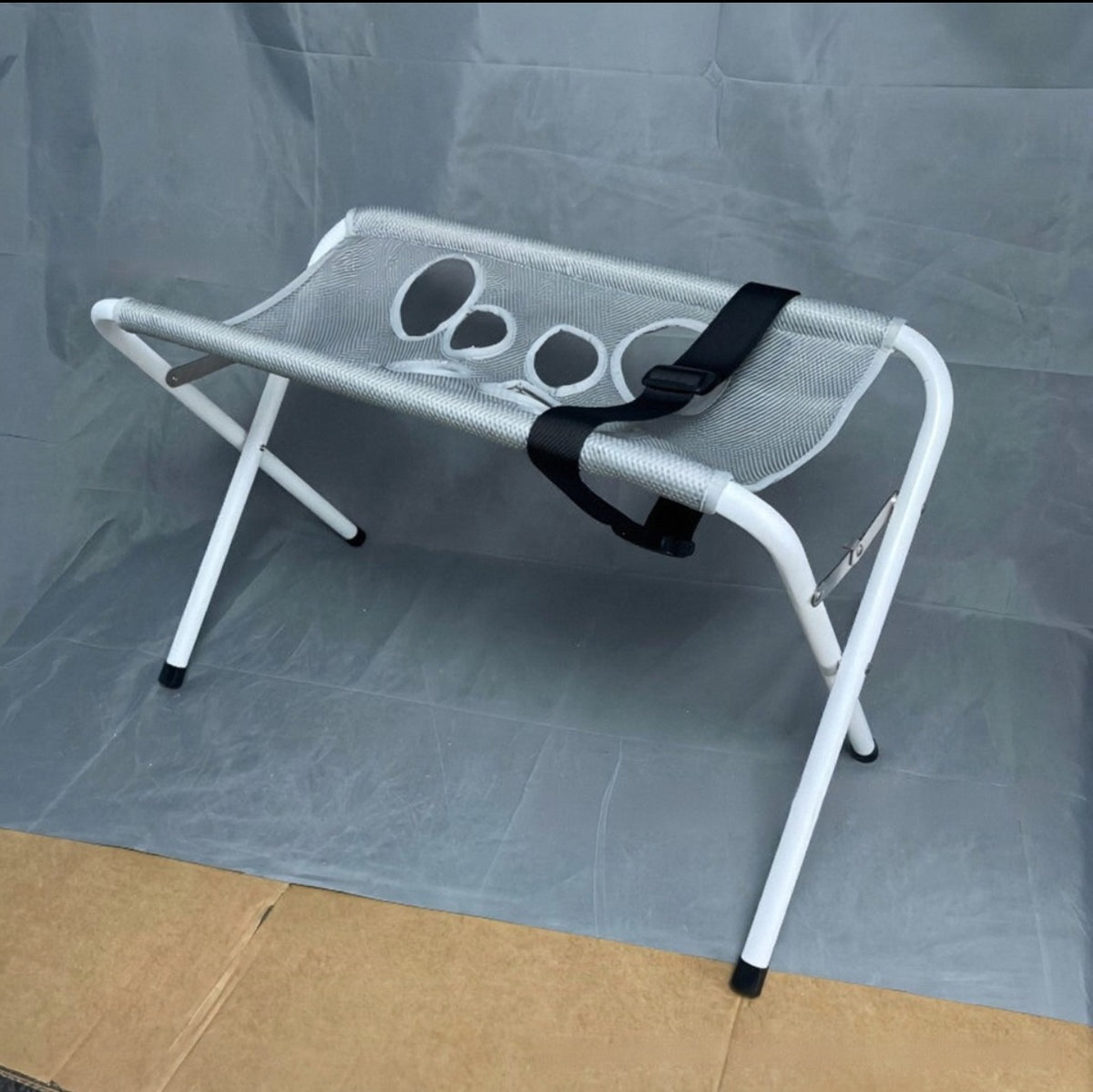 Foldable grooming hammock stand for pets, photo from another angle