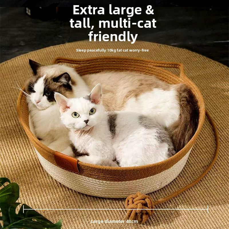 Brown cotton rope and rattan pet nest for small dogs