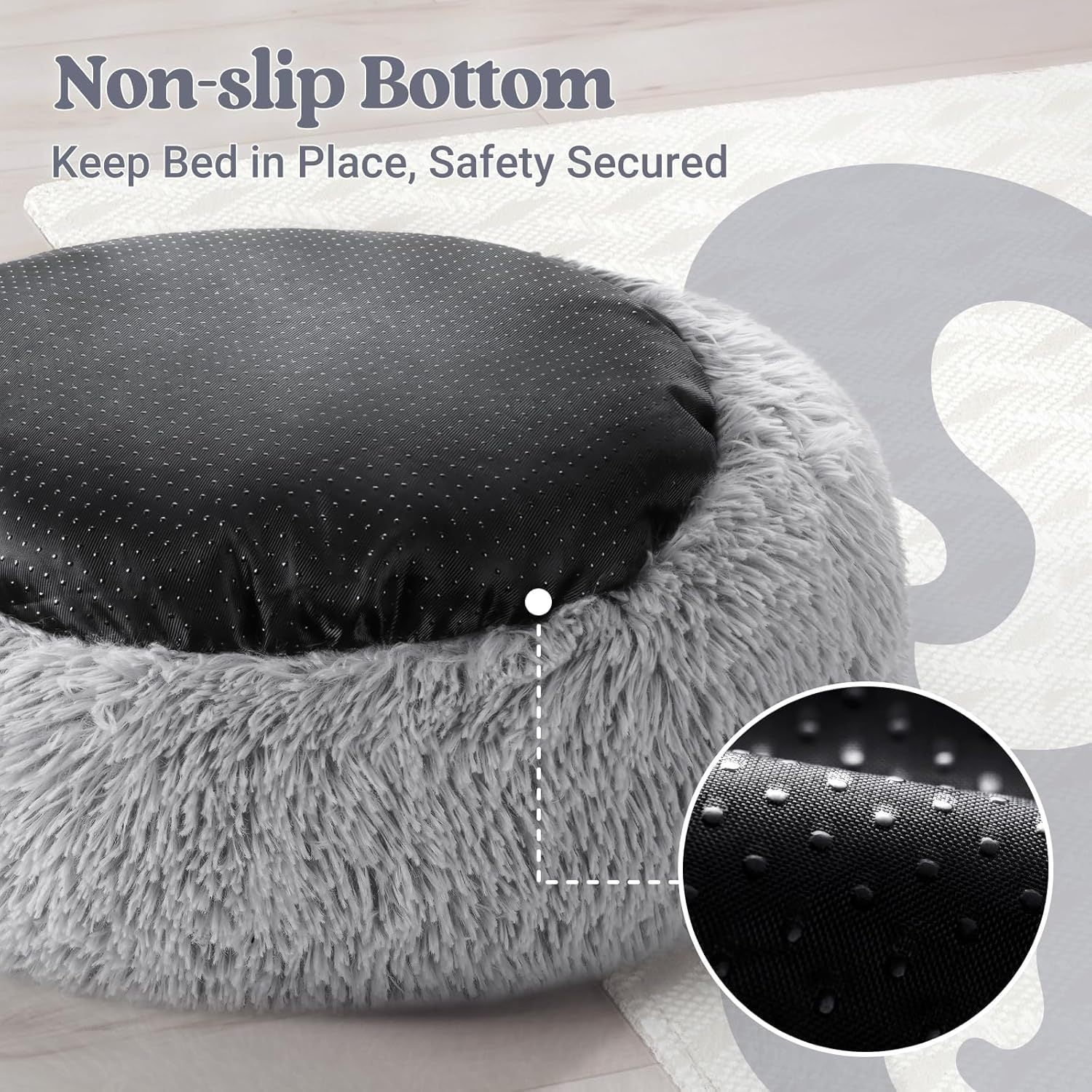 Round plush donut bed for cats and small dogs, close-up detail view
