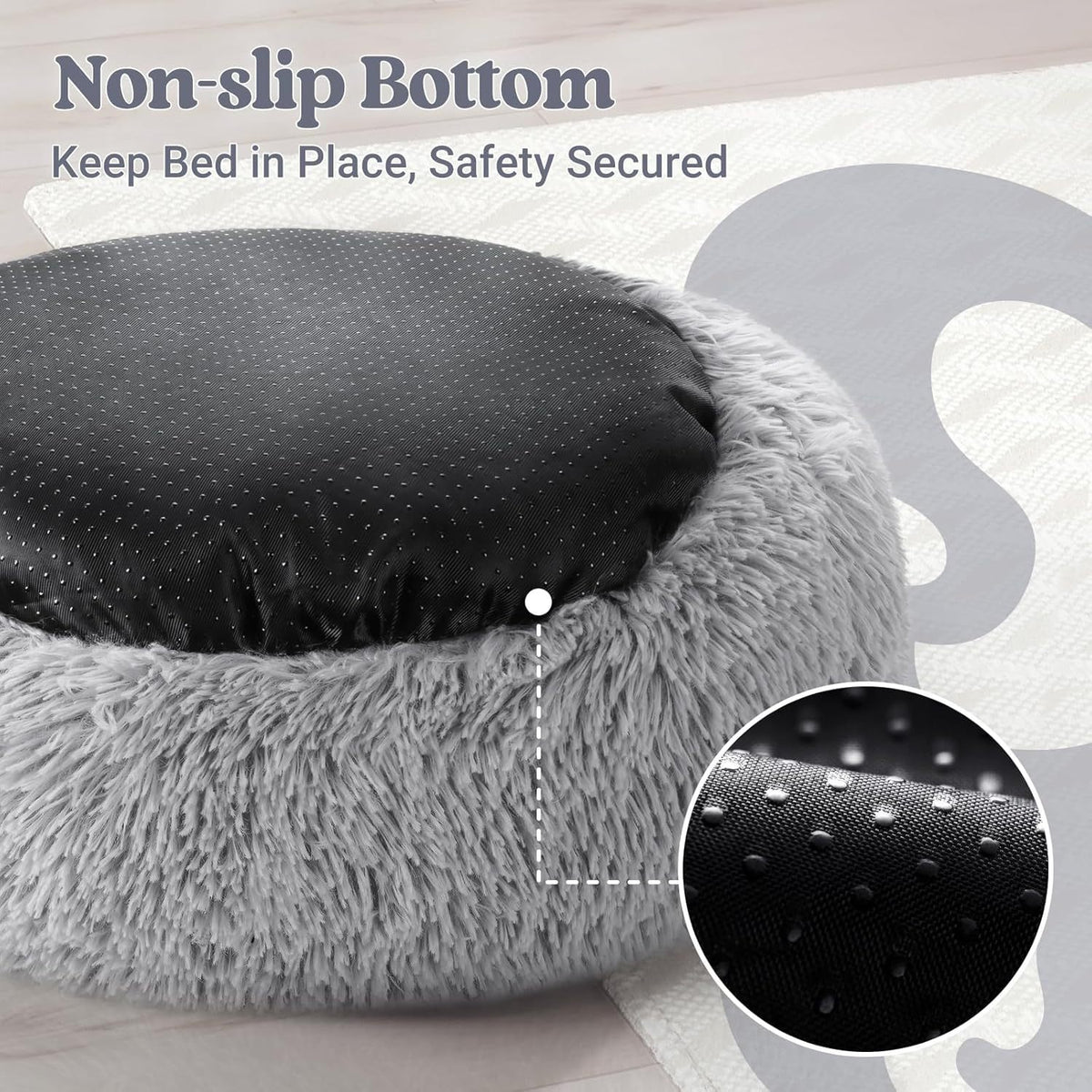 Round plush donut bed for cats and small dogs, close-up detail view