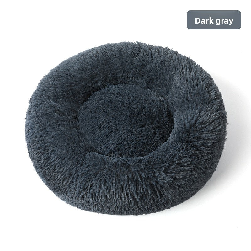Plush round padded dog and cat bed in Dark Grey