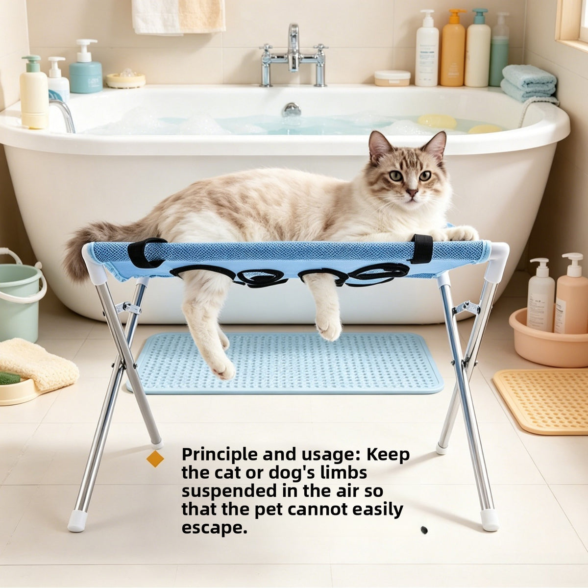 Blue pet grooming rack with secure restraint for dogs