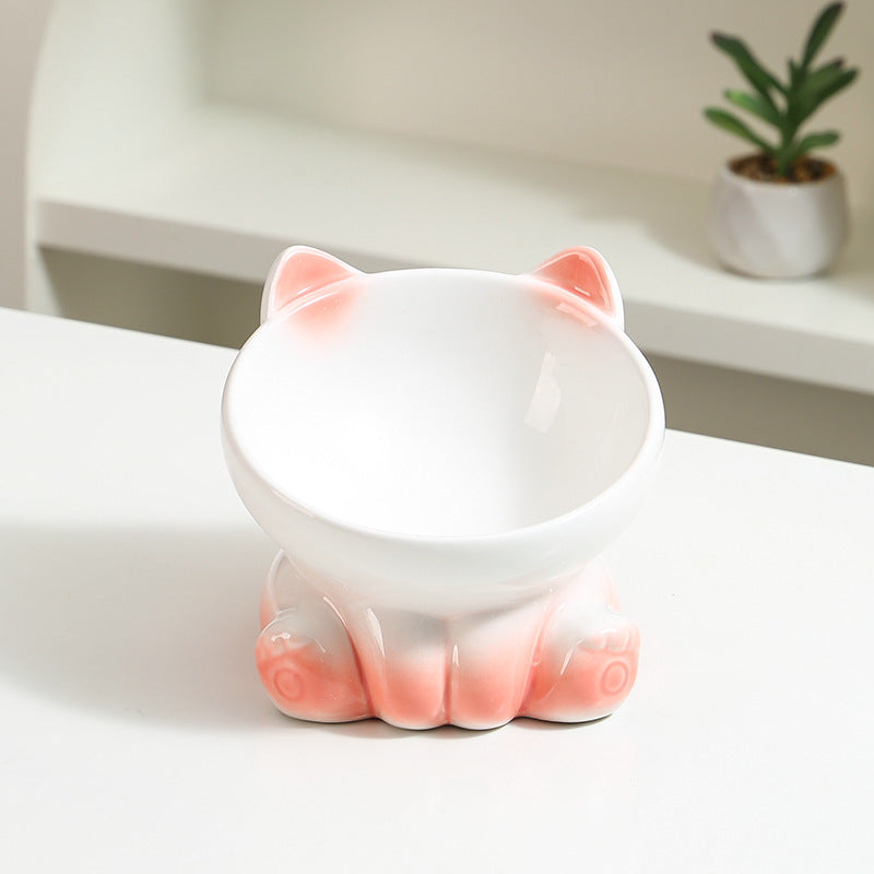 Ceramic Cat Bowl with Angled Mouth and Reaching Hand Designs, Easy-Clean Pet Food Dish