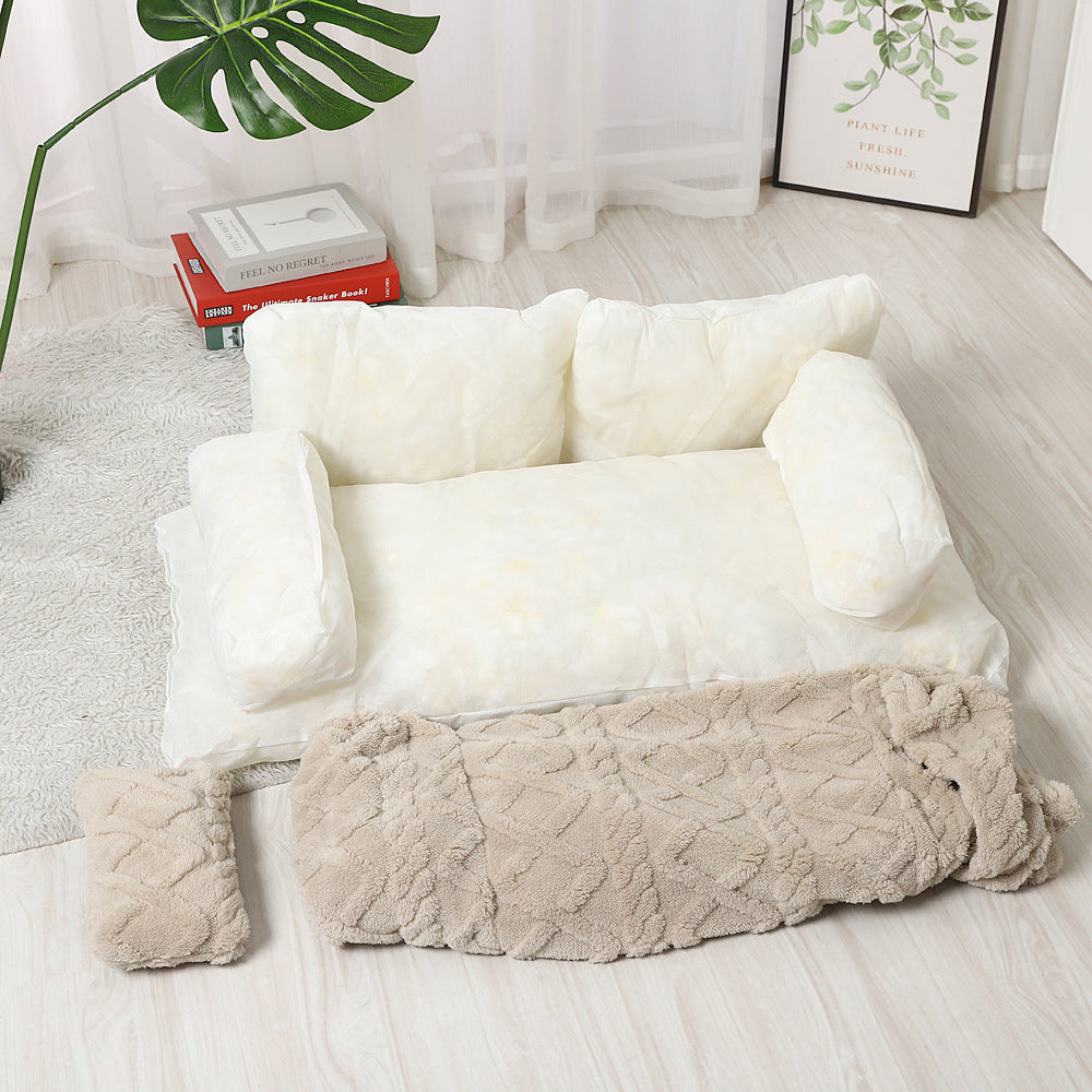 Pet sofa bed with removable washable cover, shown in 4 colours and styles