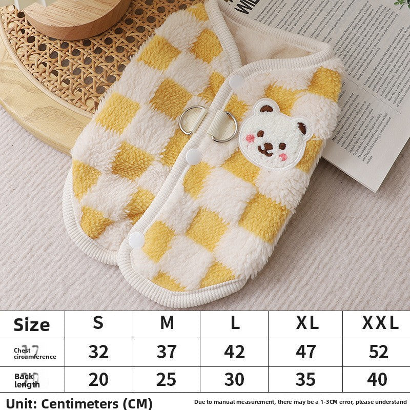 Fleece lined pet vest with back lead opening in Brown Check Bear, side view