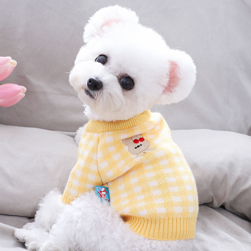 High collar knitted pet vest with floral embroidery in Green Floral, close-up detail