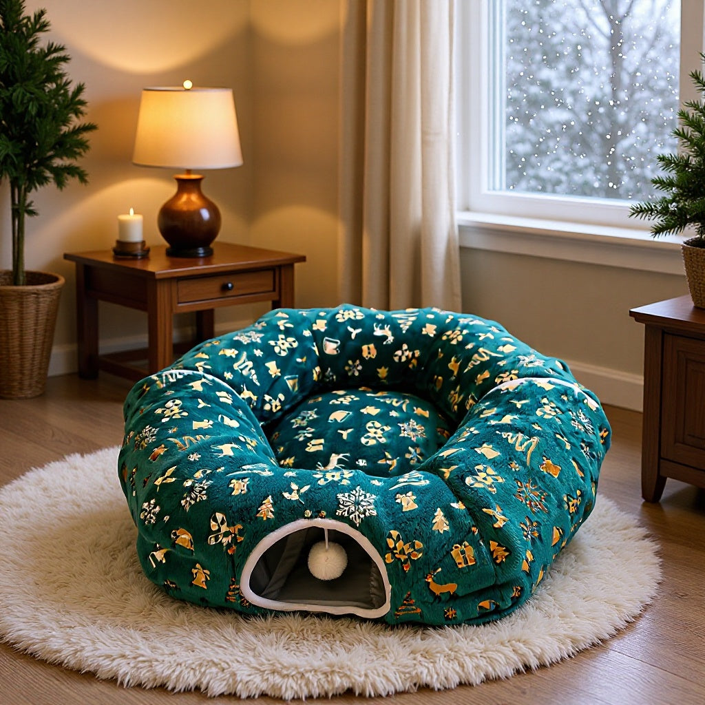 Christmas S-shaped cat tunnel bed with warm enclosed nest, product image 1