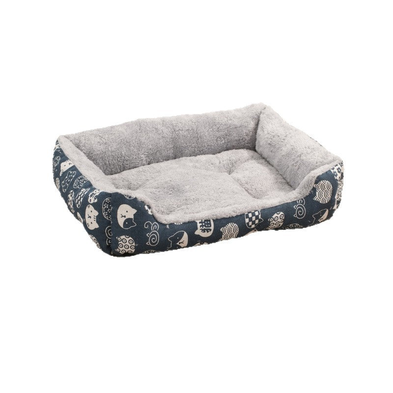 Cotton and linen pet bed mat with blue lucky cat print, view 5