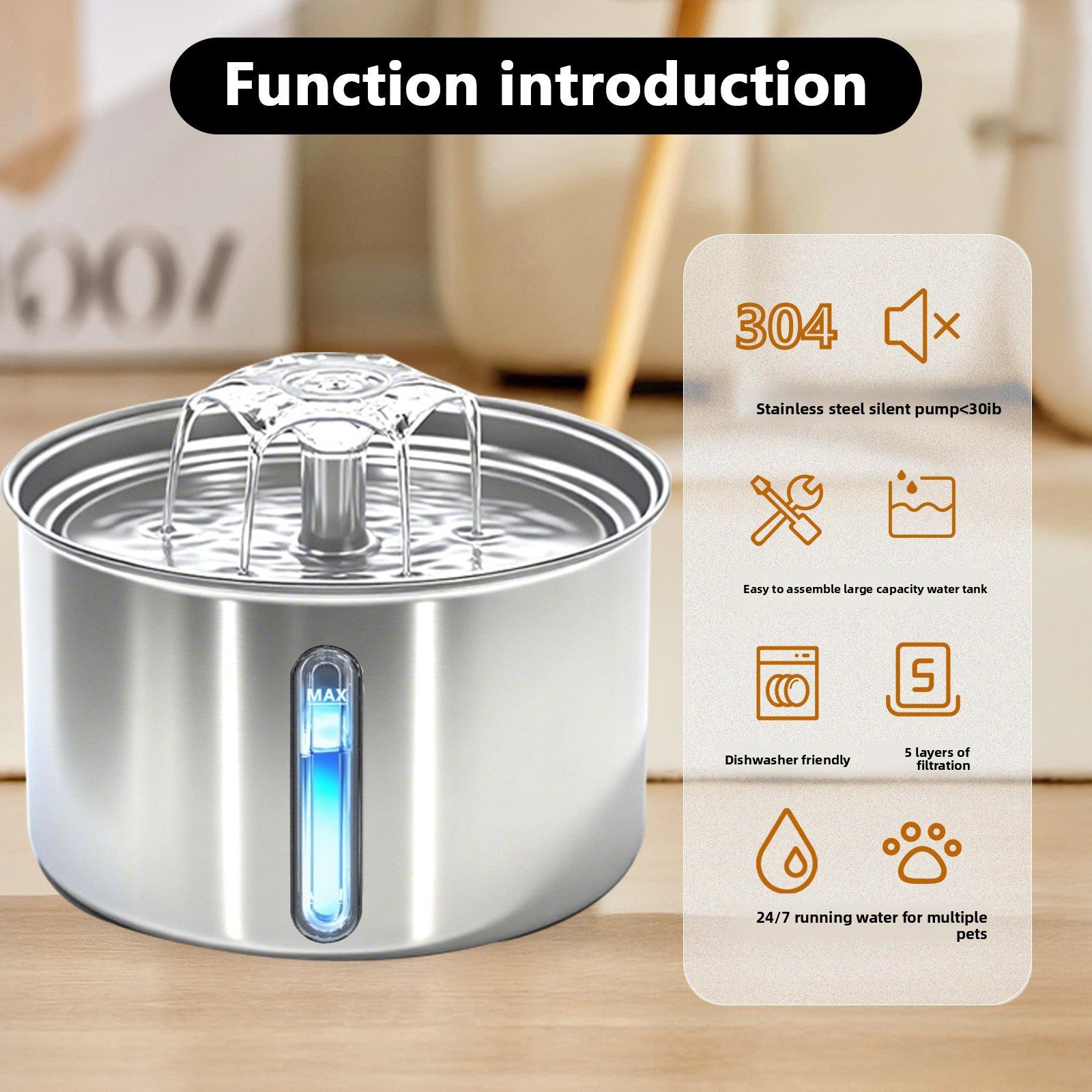3L Stainless Steel Automatic Pet Water Dispenser with Filter for Cats and Dogs