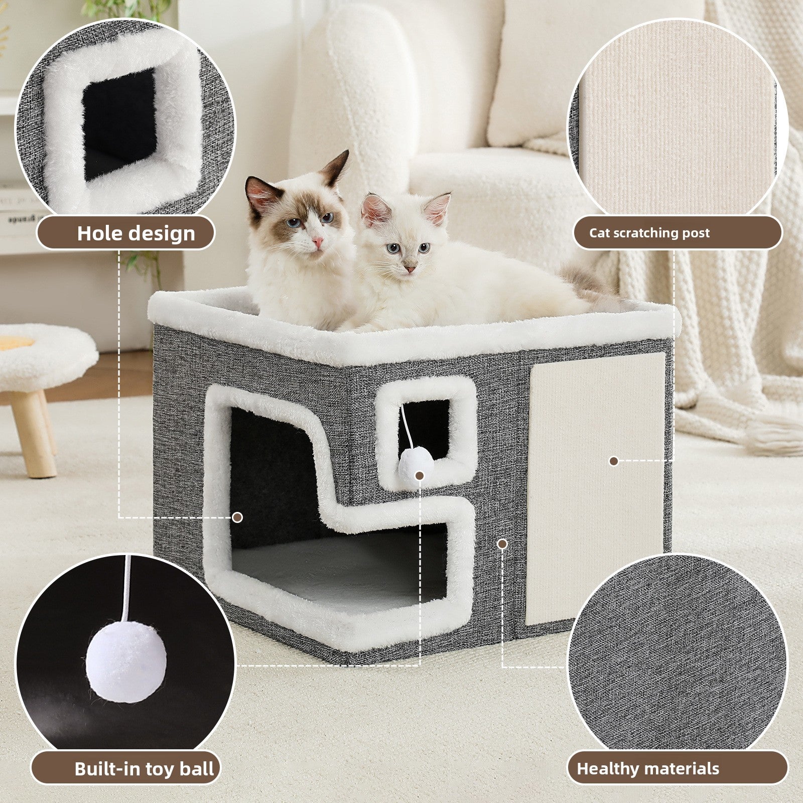 Grey foldable cat cave bed with side entrance, view 3