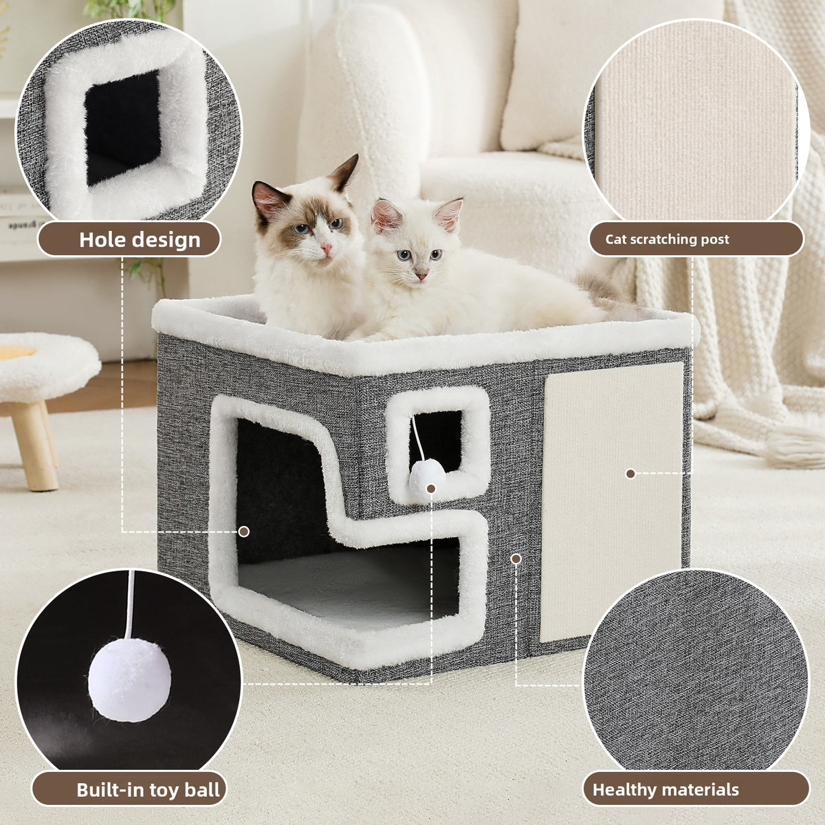 Grey foldable cat cave bed with side entrance, view 3