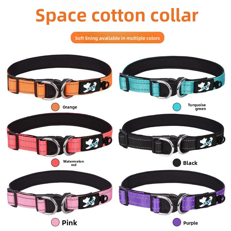 Reflective padded dog collar with locking buckle in Turquoise Green, front view