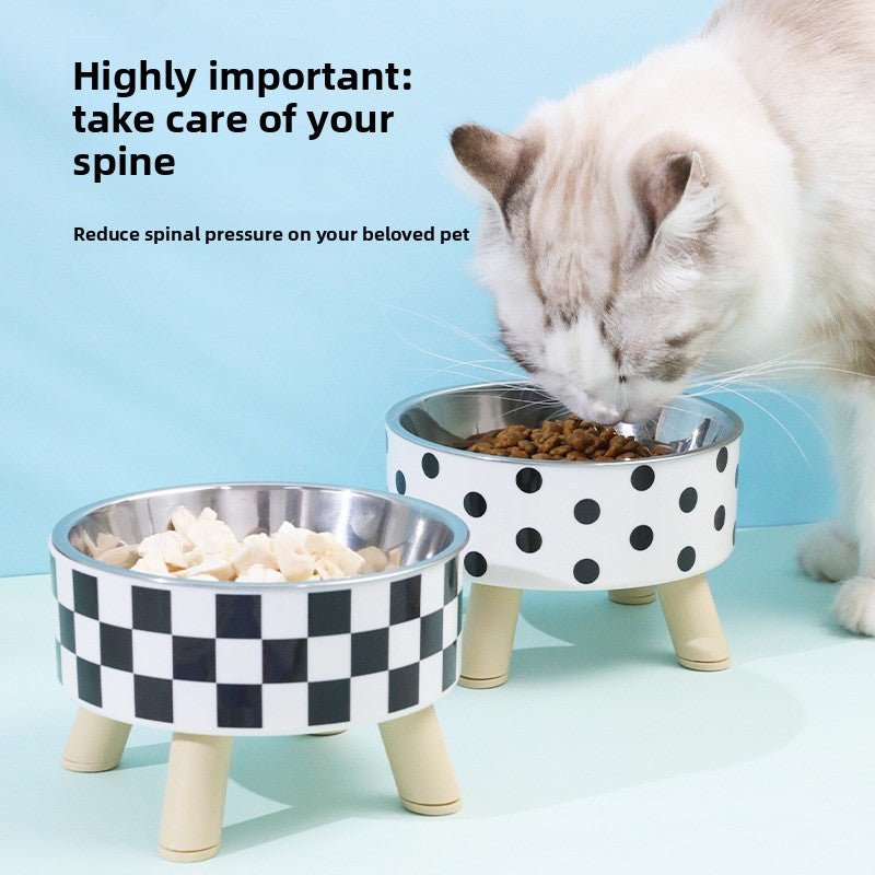 Raised stainless steel cat bowl with stand, shown in 2 colours and styles