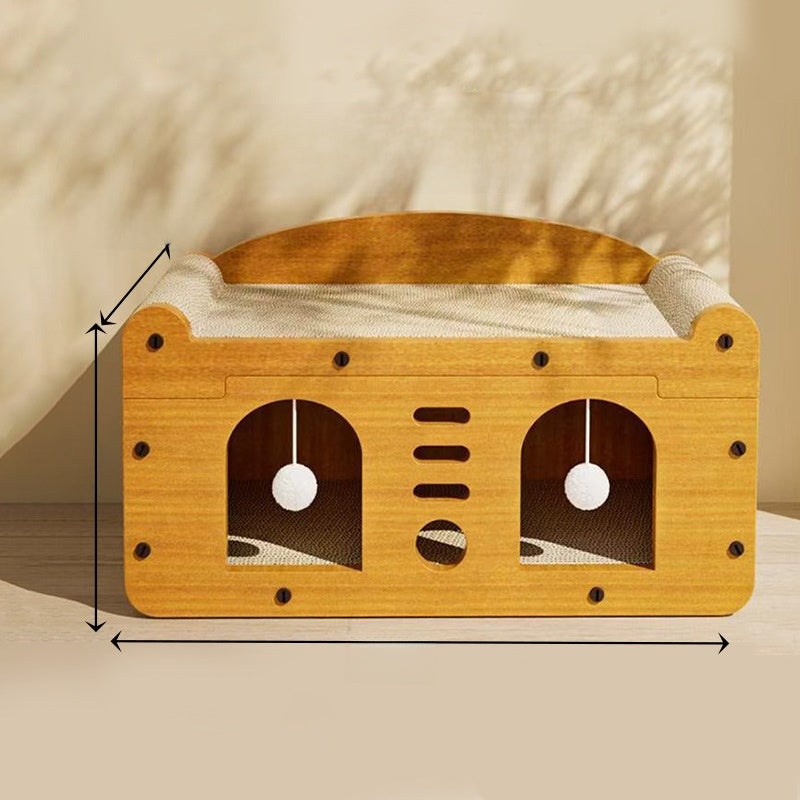 Two tier wooden cat scratching house with doors in natural wood, view 7