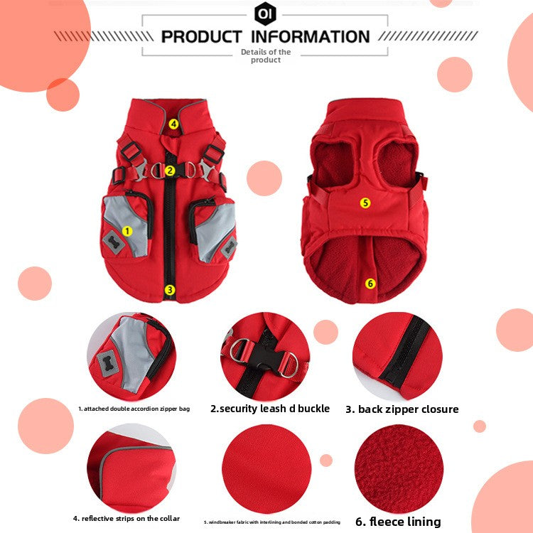 Padded dog chest jacket with zip and reflective straps in Red Style A, close-up detail