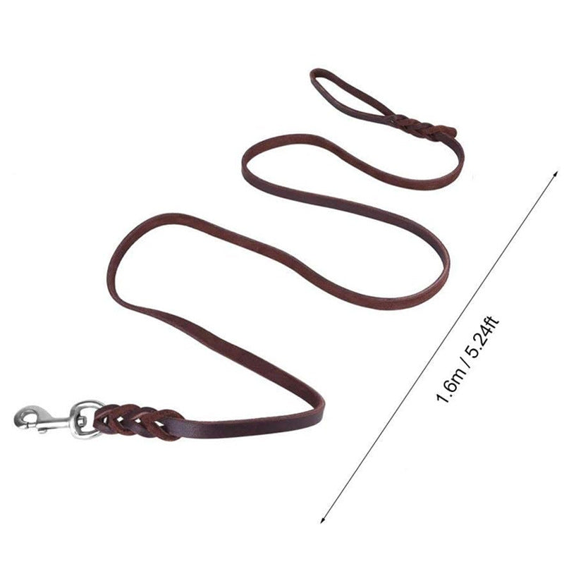 Braided dark brown leather dog lead with locking hook, available from Pet Royale UK