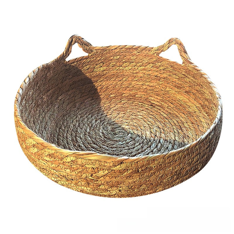 Woven cattail grass cat nest with cute cat ears, product image 3
