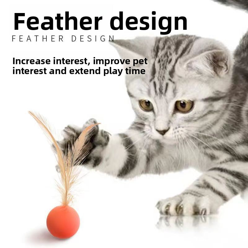Bouncy cat toy ball with feathers, close-up detail view