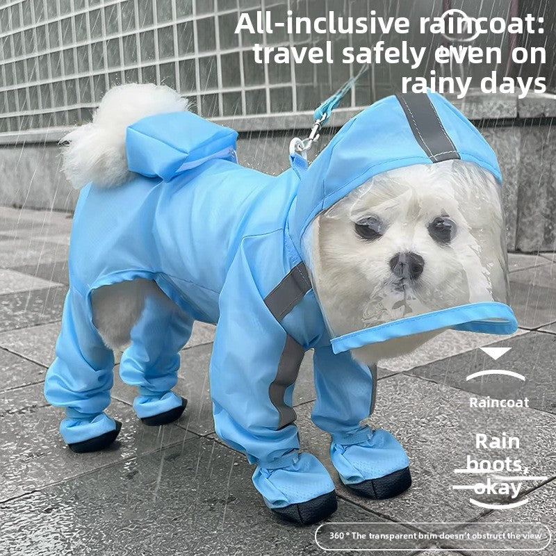 Small dog in a sky blue full cover four leg raincoat