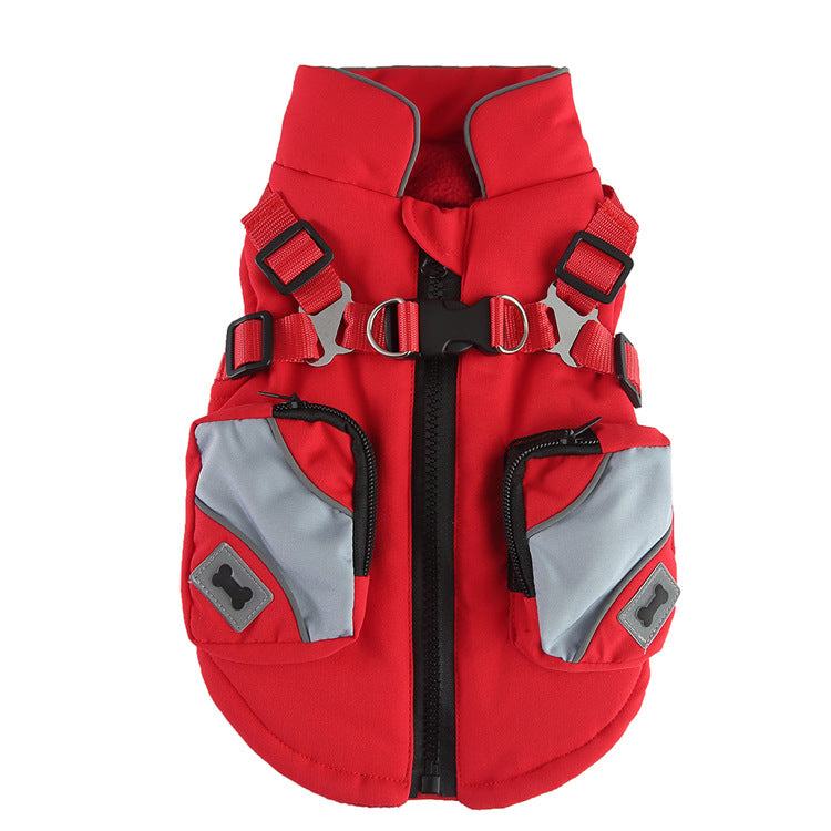 Padded dog chest jacket with zip and reflective straps in Red Style A, side view