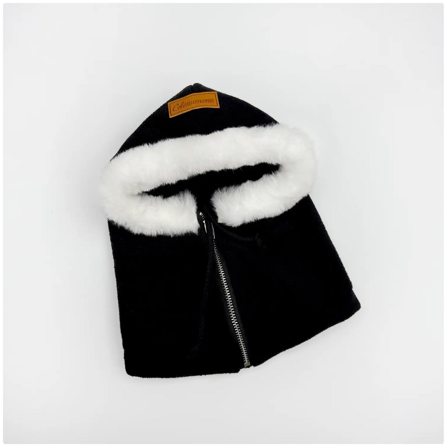 Black pet winter hat with long ear flaps and elastic strap