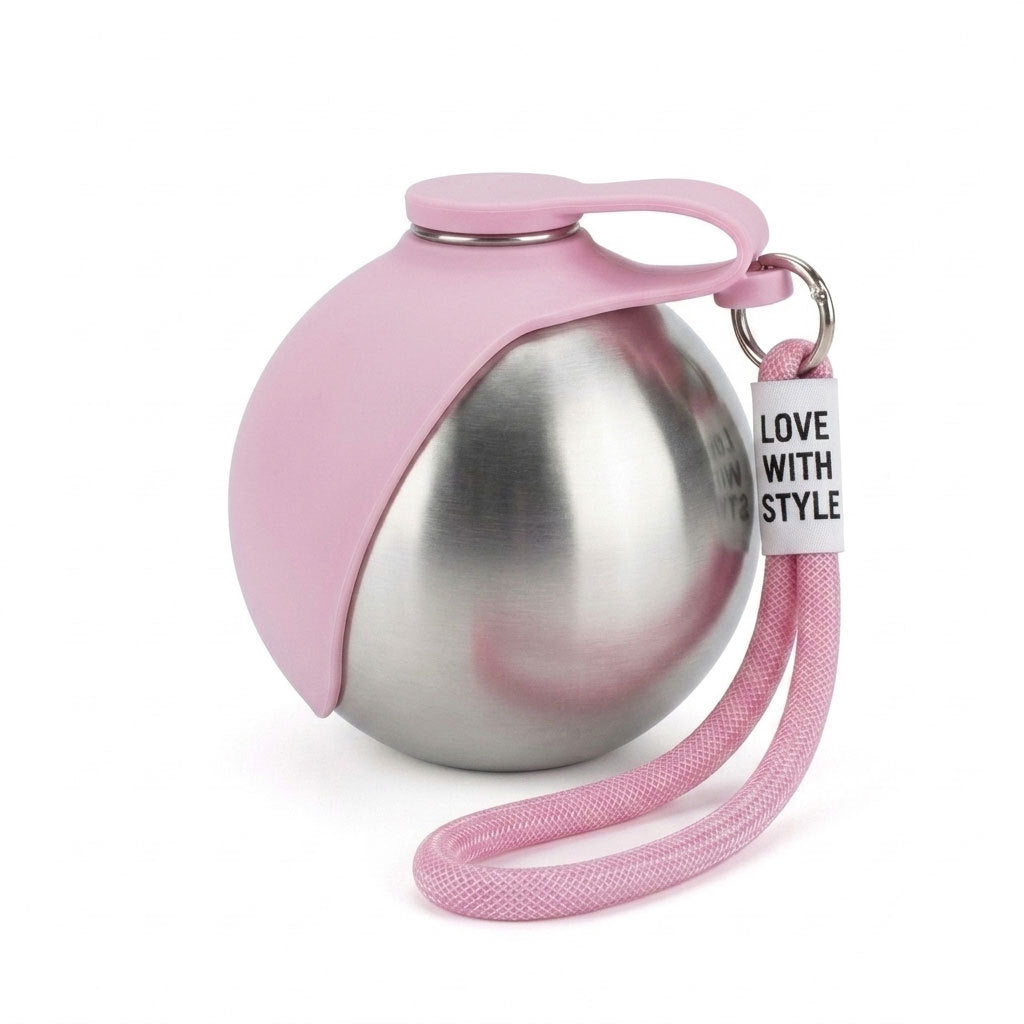 Stainless steel dog water bottle with hook in Blue Silicone Cover, showing size and shape