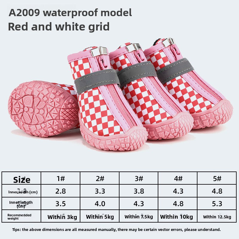 Breathable mesh puppy shoes with TPR soles, showing size and shape