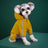 Small dog in a yellow hooded reflective four leg raincoat