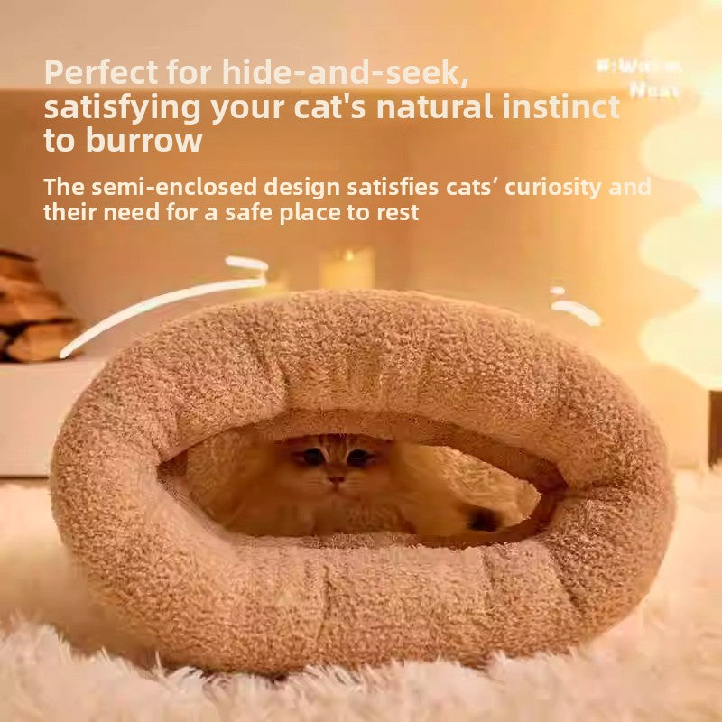Plush enclosed tunnel cat bed with soft lambswool lining, product image 3