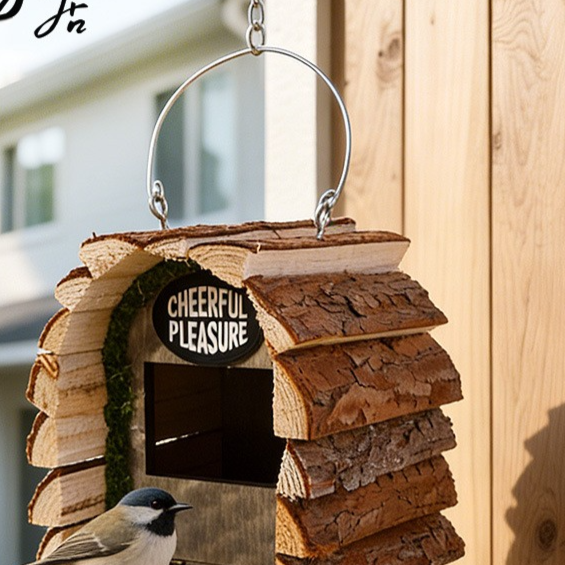 Wooden bird house with natural bark finish for gardens, view 1