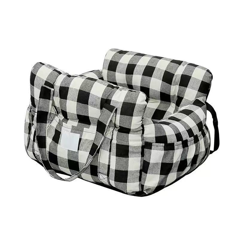 Dark grey padded dog car booster seat bed with strap, view 21