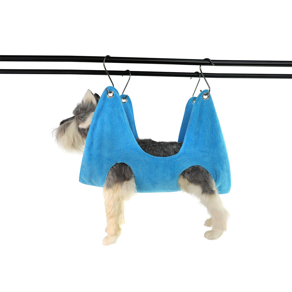 Pet grooming hammock for cats and small dogs in Rose Red, showing size and shape