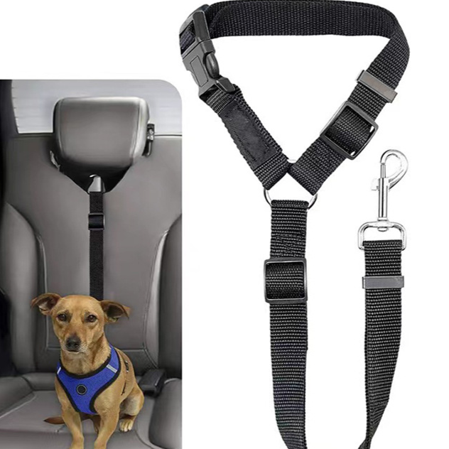 Adjustable headrest car safety lead for dogs in black polyester