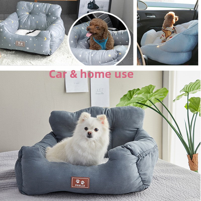 Portable dog car seat bed on a back seat for travel