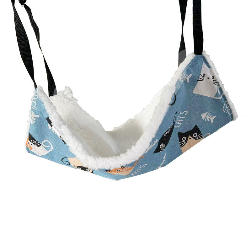 Hanging cat cage hammock with fishbone cat fleece print