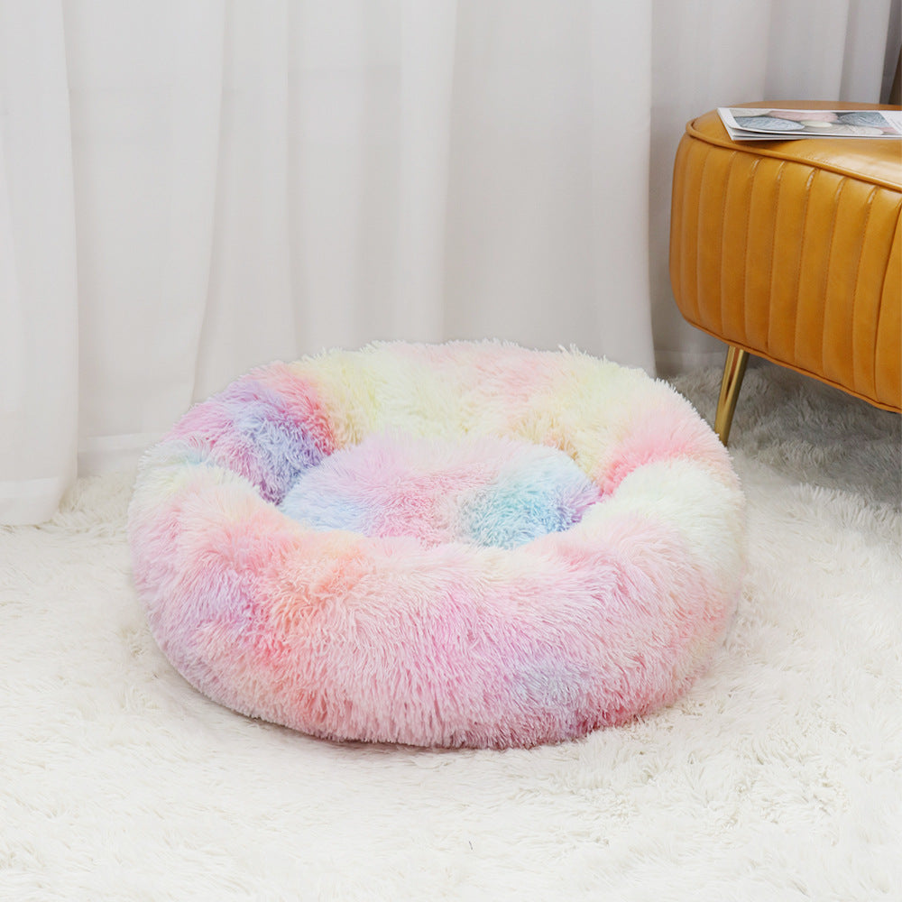 Round Long Plush Donut Bed for Cats and Small Dogs, Washable