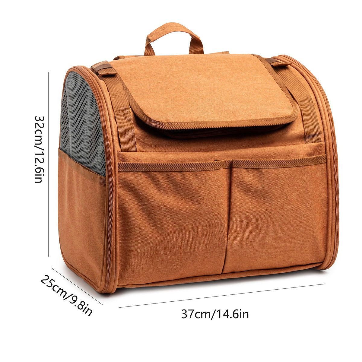 Light brown expandable pet carrier backpack with mesh panels, view 2